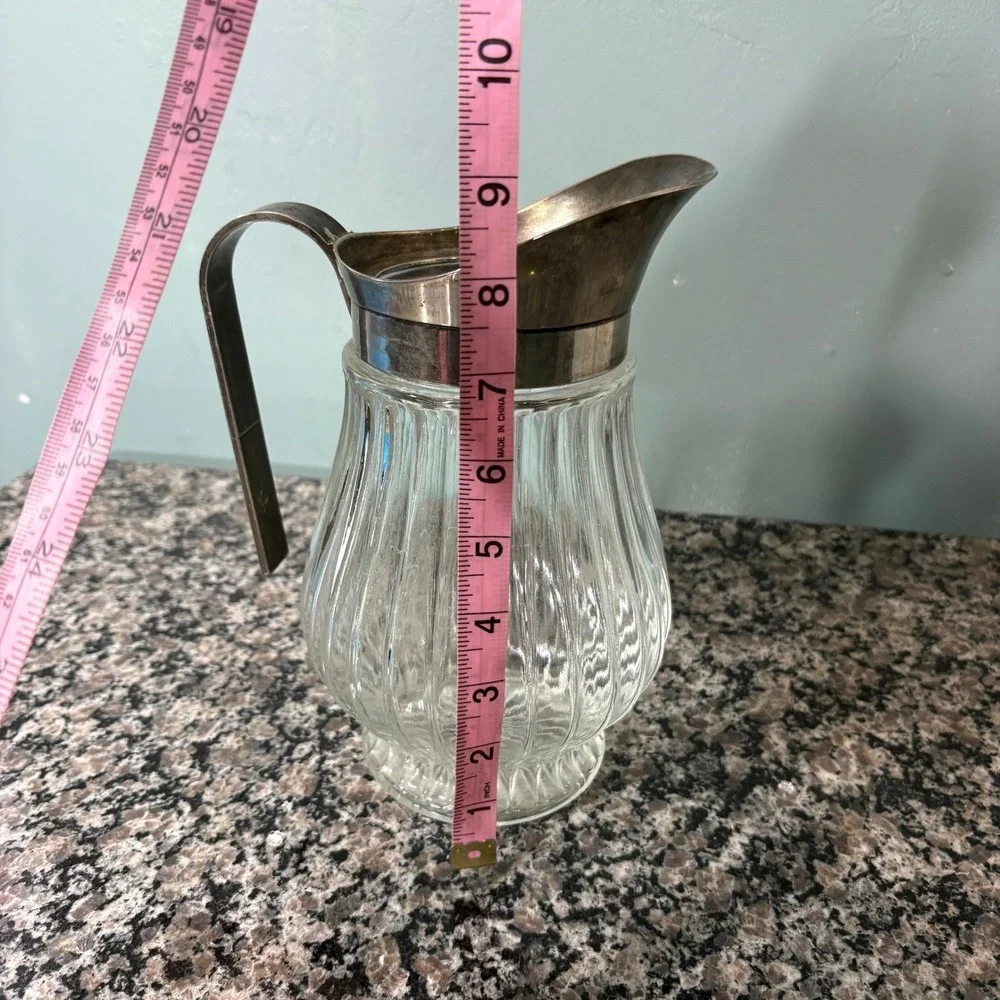 Vintage 1930s Ribbed Glass Pitcher Silver Plated Ice Lip Carafe Made in Italy